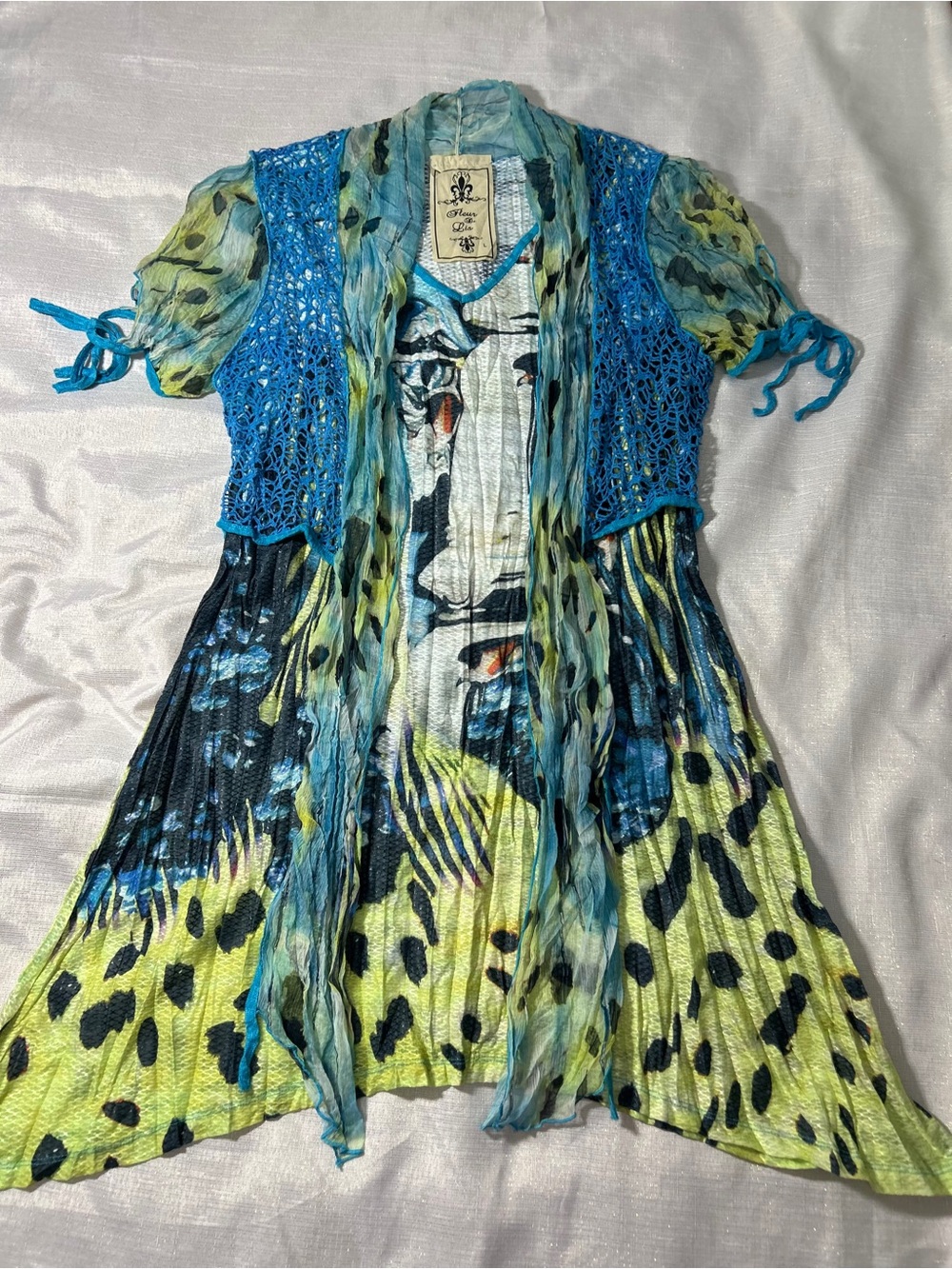 Fleur de Lis Collection Blue Teal Lime Printed Mini Dress with Crochet Vest Sz L